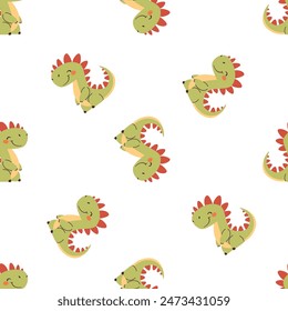 Seamless vector pattern in child style on white background. Cute dinosaur on a white background
