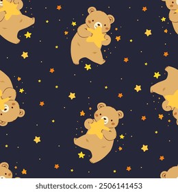 Seamless vector pattern in child style on dark background. Cute bear flying in space and holding a star in his paws