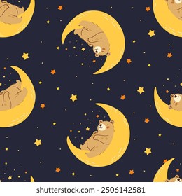 Seamless vector pattern in child style on dark background. Cute bear cub sleeping on the moon, night and stars all around 