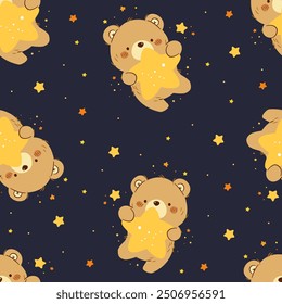 Seamless vector pattern in child style on dark background. Cute bear flying in space and holding a star in his paws