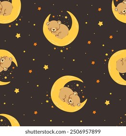 Seamless vector pattern in child style on dark background. Cute bear cub sleeping on the moon, night and stars all around 