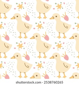 Seamless vector pattern in child style on white background. Cute ducklings