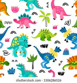 Seamless vector pattern with childish cute hand drawn dinosaurs