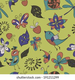 seamless vector pattern in childish style - birds, berries, flowers, butterfly, snail, dragonfly