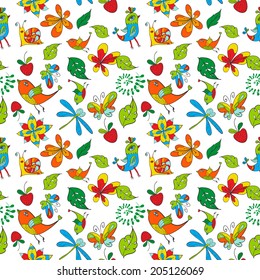 seamless vector pattern in childish style - birds, berries, flowers, butterfly, snail, dragonfly