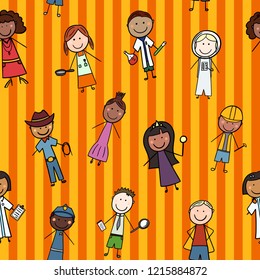 Seamless Vector Pattern of Children from All Over the World in Various Occupations