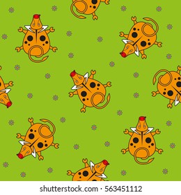 Seamless vector pattern for children. bull top view and chamomile on a green background