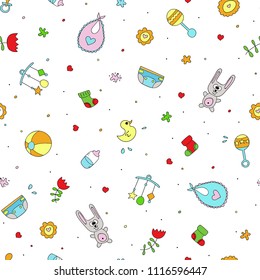 Seamless vector pattern for children. Cartoon hand-drawn baby elements. Can be used wallpaper, cloth design, fabric, paper, textile, backdrop