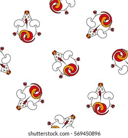 Seamless vector pattern for children. cartoon rooster top view on a white background