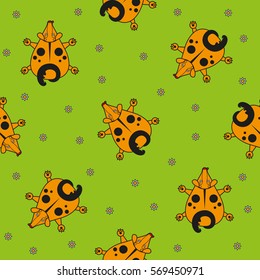 Seamless vector pattern for children. cartoon dog top view and chamomile on a green background