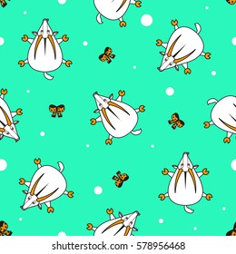 Seamless vector pattern for children. goat top view and and bows on a gentle turquoise background