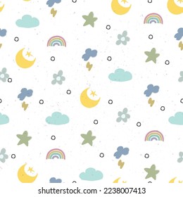 Seamless vector pattern for children. Kid wallpaper with cloud, star, lightning, flower and moon.
