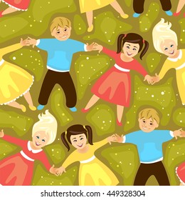 Seamless vector pattern - children lie on the grass and holding hands