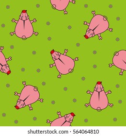 Seamless vector pattern for children. pig top view and chamomile on a green background