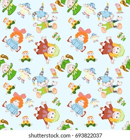 Seamless vector pattern of children's dolls in costumes