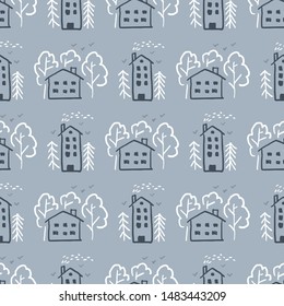 Seamless vector pattern of children's drawing. House, birds, clouds, trees. Line vector drawing. Drawn by a child. Suitable for children's room decoration, fabric, decor. Doodle style.