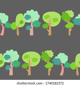 Seamless vector pattern of children's drawing. House, clouds, trees. Line vector drawing. Drawn by a child. Suitable for children's room decoration, fabric, decor. Doodle style.