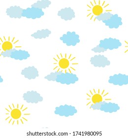 Seamless vector pattern of children's drawing. House, clouds, trees. Line vector drawing. Drawn by a child. Suitable for children's room decoration, fabric, decor. Doodle style.