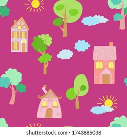 Seamless vector pattern of children's drawing. House, clouds, trees. Line vector drawing. Drawn by a child. Suitable for children's room decoration, fabric, decor. Doodle style.