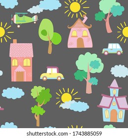 Seamless vector pattern of children's drawing. House, clouds, trees. Line vector drawing. Drawn by a child. Suitable for children's room decoration, fabric, decor. Doodle style.