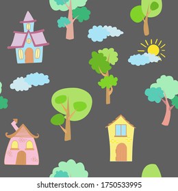 Seamless vector pattern of children's drawing. House, clouds, trees. Line vector drawing. Drawn by a child. Suitable for children's room decoration, fabric, decor. Doodle style.
