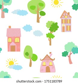 Seamless vector pattern of children's drawing. House, clouds, trees. Line vector drawing. Drawn by a child. Suitable for children's room decoration, fabric, decor. Doodle style.