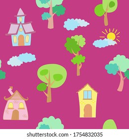 Seamless vector pattern of children's drawing. House, clouds, trees. Line vector drawing. Drawn by a child. Suitable for children's room decoration, fabric, decor. Doodle style.