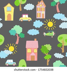 Seamless vector pattern of children's drawing. House, clouds, trees. Line vector drawing. Drawn by a child. Suitable for children's room decoration, fabric, decor. Doodle style.