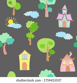 Seamless vector pattern of children's drawing. House, clouds, trees. Line vector drawing. Drawn by a child. Suitable for children's room decoration, fabric, decor. Doodle style.