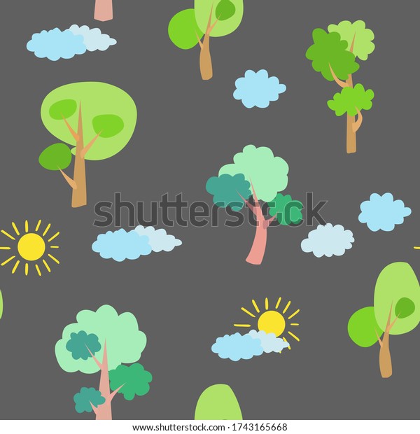 Seamless vector\
pattern of children\'s drawing. House, clouds, trees. Line vector\
drawing. Drawn by a child. Suitable for children\'s room decoration,\
fabric, decor. Doodle\
style.