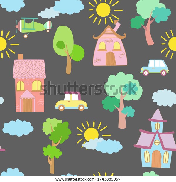 Seamless vector\
pattern of children\'s drawing. House, clouds, trees. Line vector\
drawing. Drawn by a child. Suitable for children\'s room decoration,\
fabric, decor. Doodle\
style.