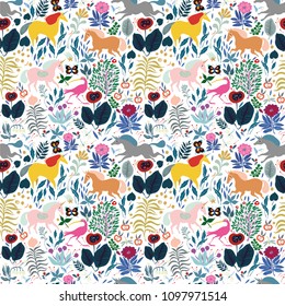 seamless vector pattern with children's fairytale forest, where unicorns run, wallpaper for children