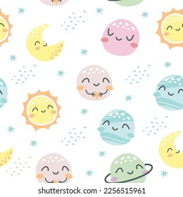 Seamless vector pattern. Children's pattern for printing on products. Cute planets with smiling faces. 