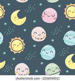 Seamless vector pattern. Children's pattern for printing on products. Cute planets with smiling faces. A pattern with a dark background 