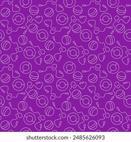 Seamless vector pattern with children's sports toys. Jump rope, ball and swimming circles on a purple background. Contour print for textiles, fabrics, clothing, covers and other surfaces.