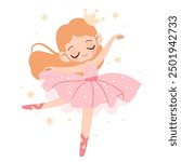 Seamless vector pattern in children's style. Cute ballerina in a crown dancing ballet