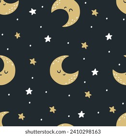 Seamless vector pattern in children's style. Starry night sky, sleeping moon smiling, stars 