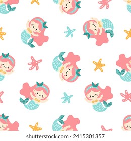 Seamless vector pattern in children's style. Cute mermaid and starfish on white background 