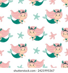Seamless vector pattern in children's style. Cute mermaid and starfish on white background 
