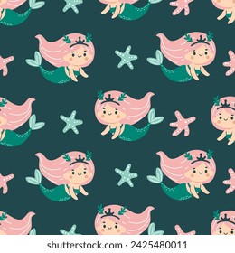 Seamless vector pattern in children's style. Cute mermaid and starfish on dark background 