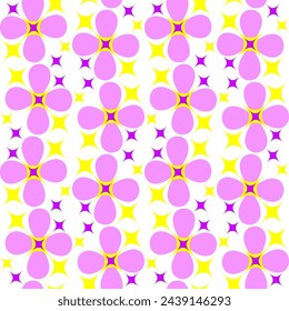 Seamless vector pattern, children's style ornament with flowers and stars in trendy colors. Suitable for interior, wallpaper, fabrics, clothing, stationery.
