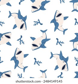 Seamless vector pattern in children's style. Cheerful shark and corals on white background 