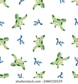 Seamless vector pattern in children's style. Cheerful turtle  and corals on white background 