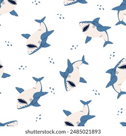 Seamless vector pattern in children's style. Cheerful shark on white background 