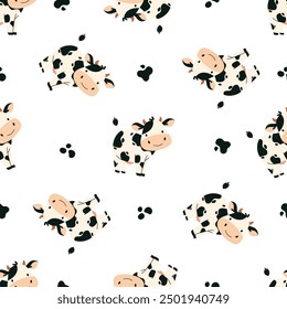 Seamless vector pattern in children's style. Cute cow and black spots