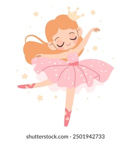 Seamless vector pattern in children's style. Cute ballerina in a crown dancing ballet