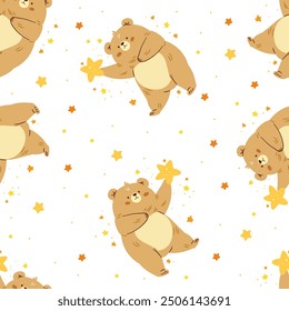 Seamless vector pattern in children's style on white background. Cute bear cub flying in the sky behind the star