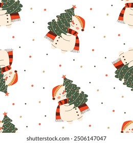 Seamless vector pattern in children's style for New Year holidays. Cute snowman in winter hat carrying Christmas tree