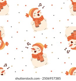 Seamless vector pattern in children's style for New Year holidays. Cute snowman in winter hat and mittens, snowflakes