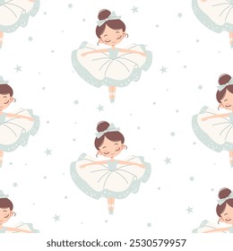 Seamless vector pattern in children's style. Cute ballerina and stars on white background 